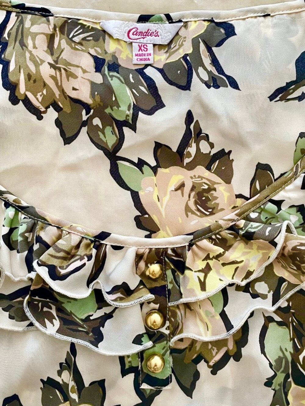 CANDIE'S BEIGE FLORAL ROSES RUFFLE SLEEVELESS DRESS SHIRT TOP BLOUSE CANDIES XS - Picture 10 of 12